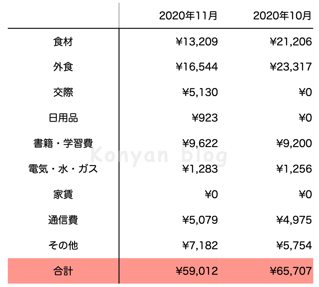 2020年11月生活費 (日本円)